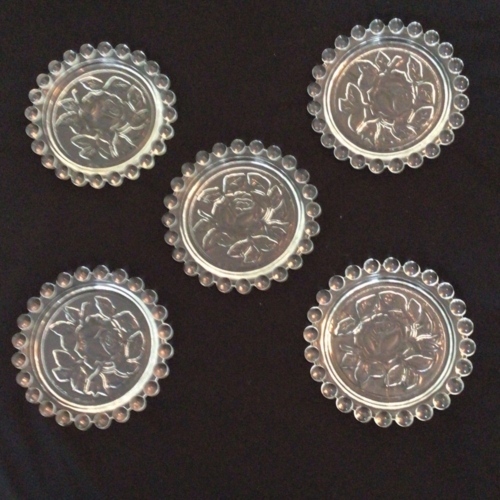 Set of 5 Clear Glass Vintage Coasters with Beaded Edge and Rose Motif